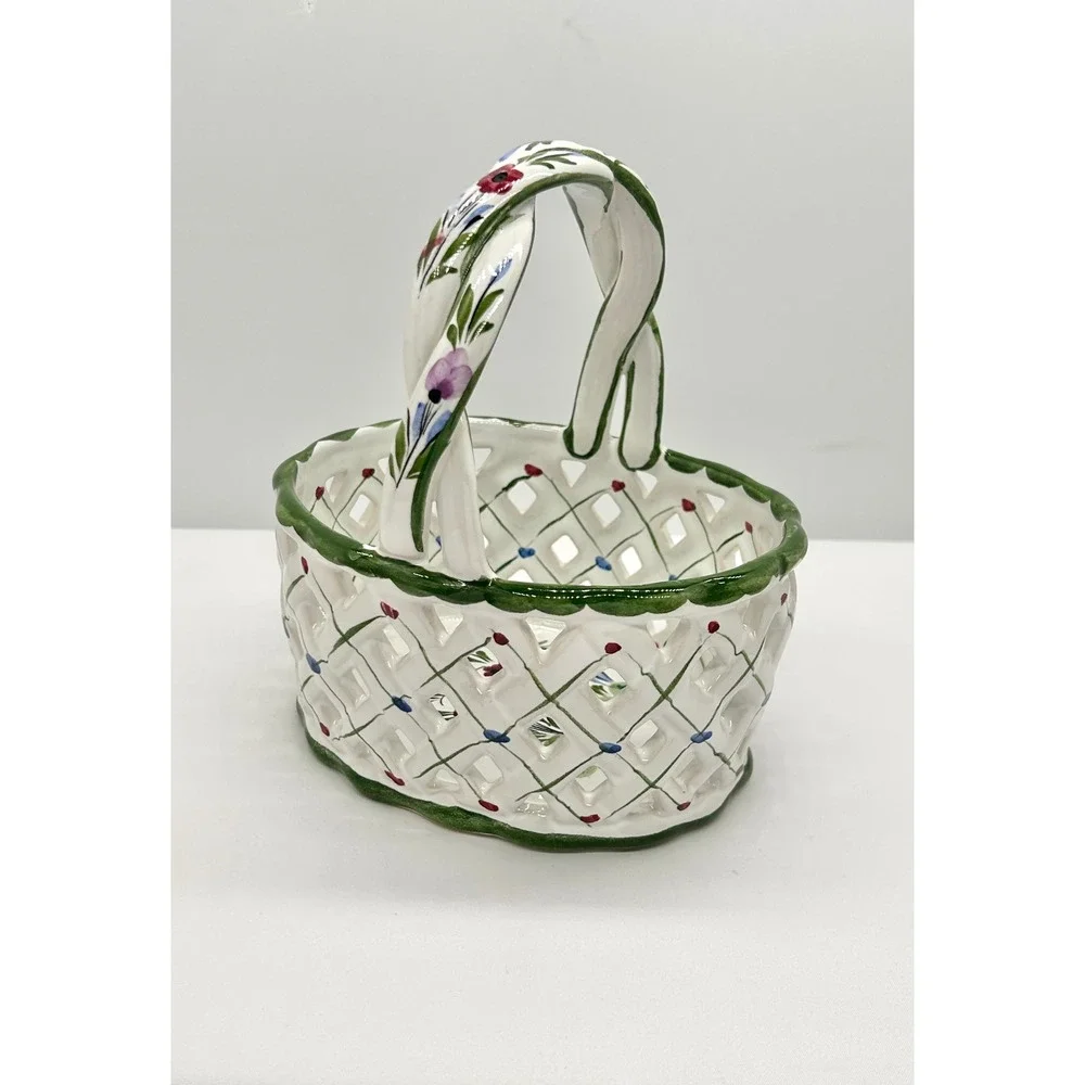 RCCL Hand Painted Portugal Ceramic Lattice Basket Floral Twisted Handle Floral